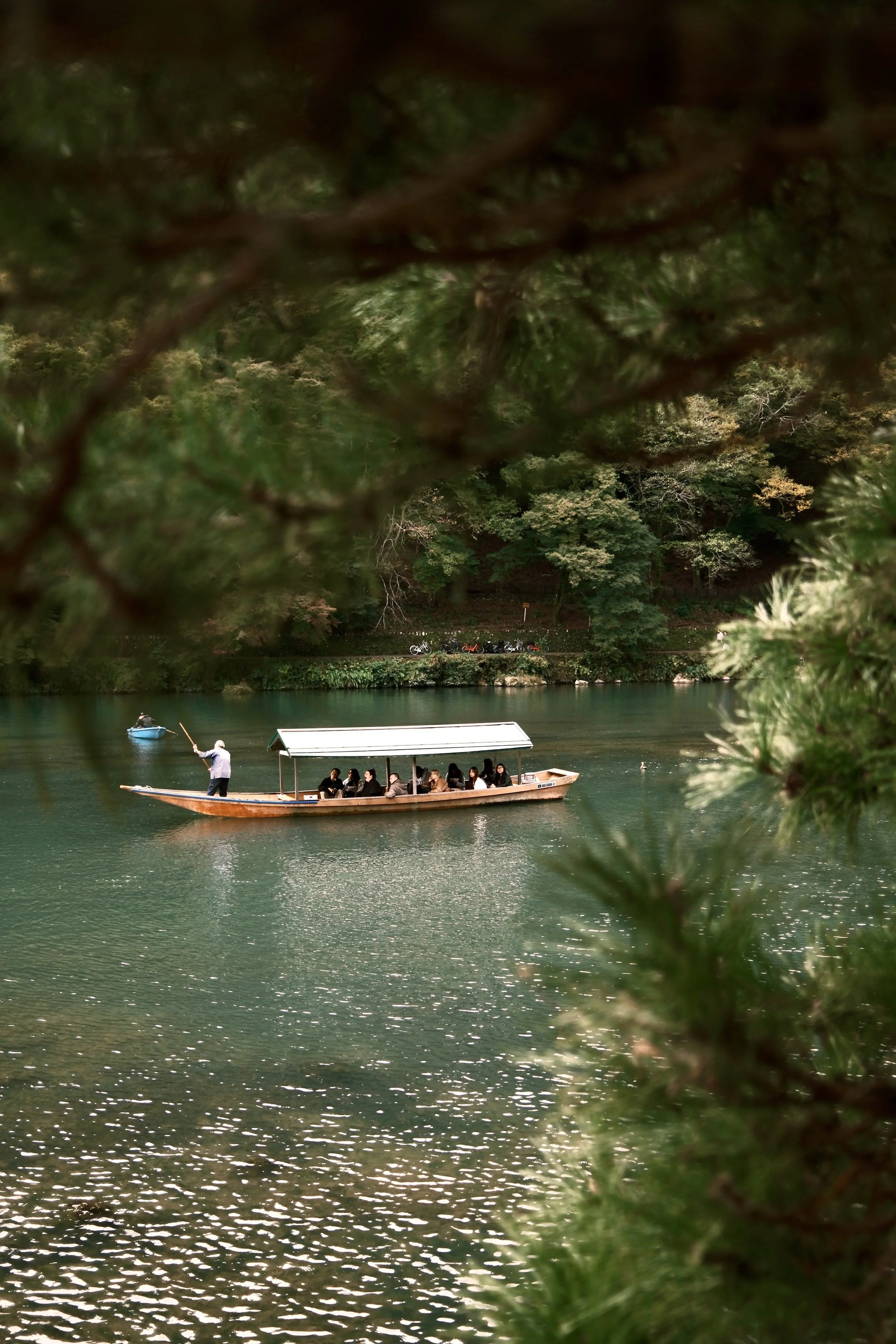 People enjoying boat ride on a river surrounded by lush green trees, with a man steering the boat and others seated under a canopy, visible through a frame of tree branches.