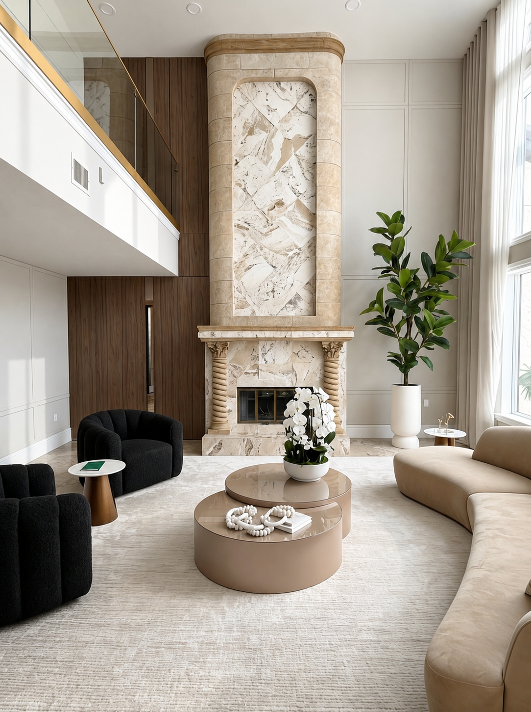 Modern living room design with a marble fireplace, neutral furnishings, natural textures and contemporary decor.