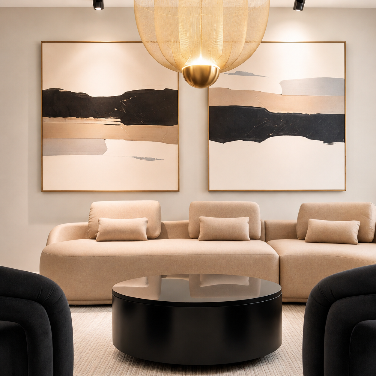 Contemporary living room design with neutral furnishings, sculptural seating, abstract artwork and statement pendant lighting.