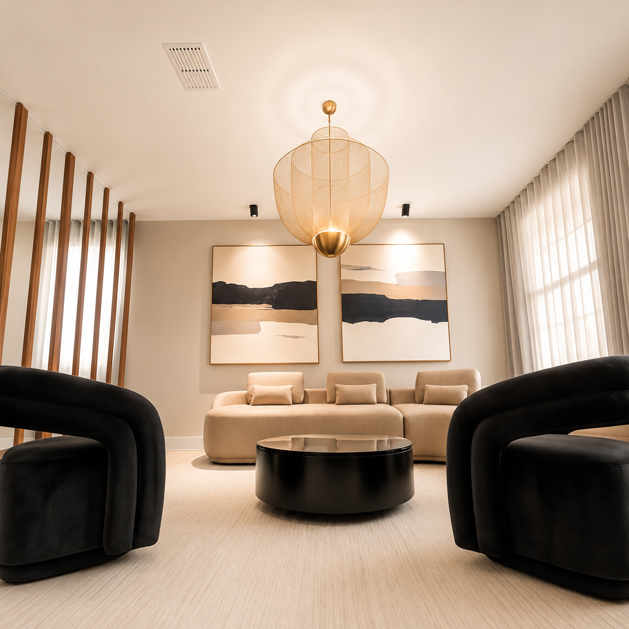 Contemporary living room design with neutral furnishings, black armchairs, abstract artwork and statement pendant lighting.