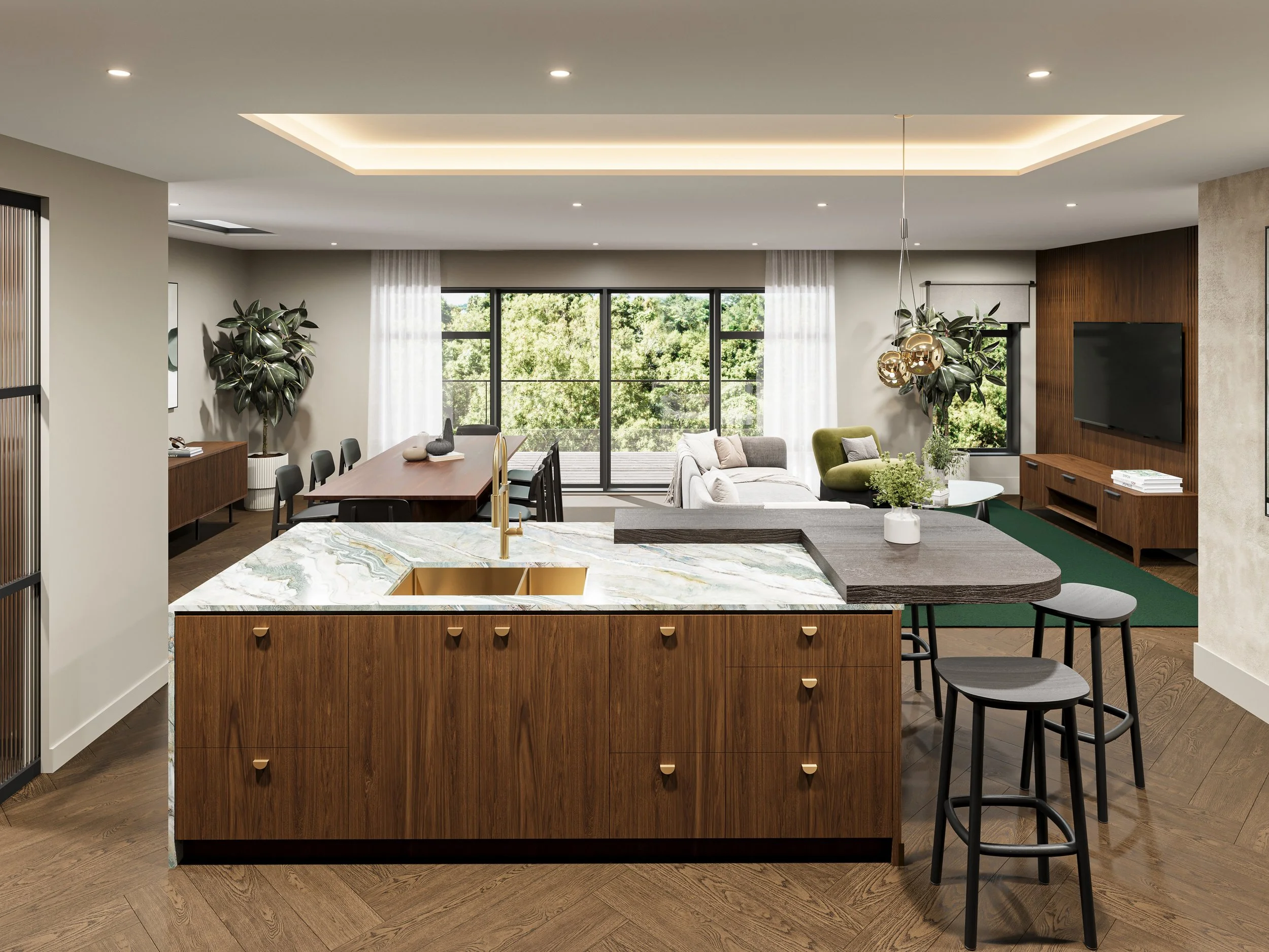 Open-concept living room and kitchen with a marble kitchen island, black chairs, green and white seating, large windows with trees outside, and modern lighting fixtures.