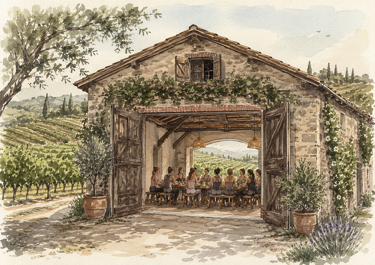 A watercolor painting of a rustic stone barn with open wooden doors, revealing a group of women sitting at a long table inside, set in a scenic vineyard landscape.
