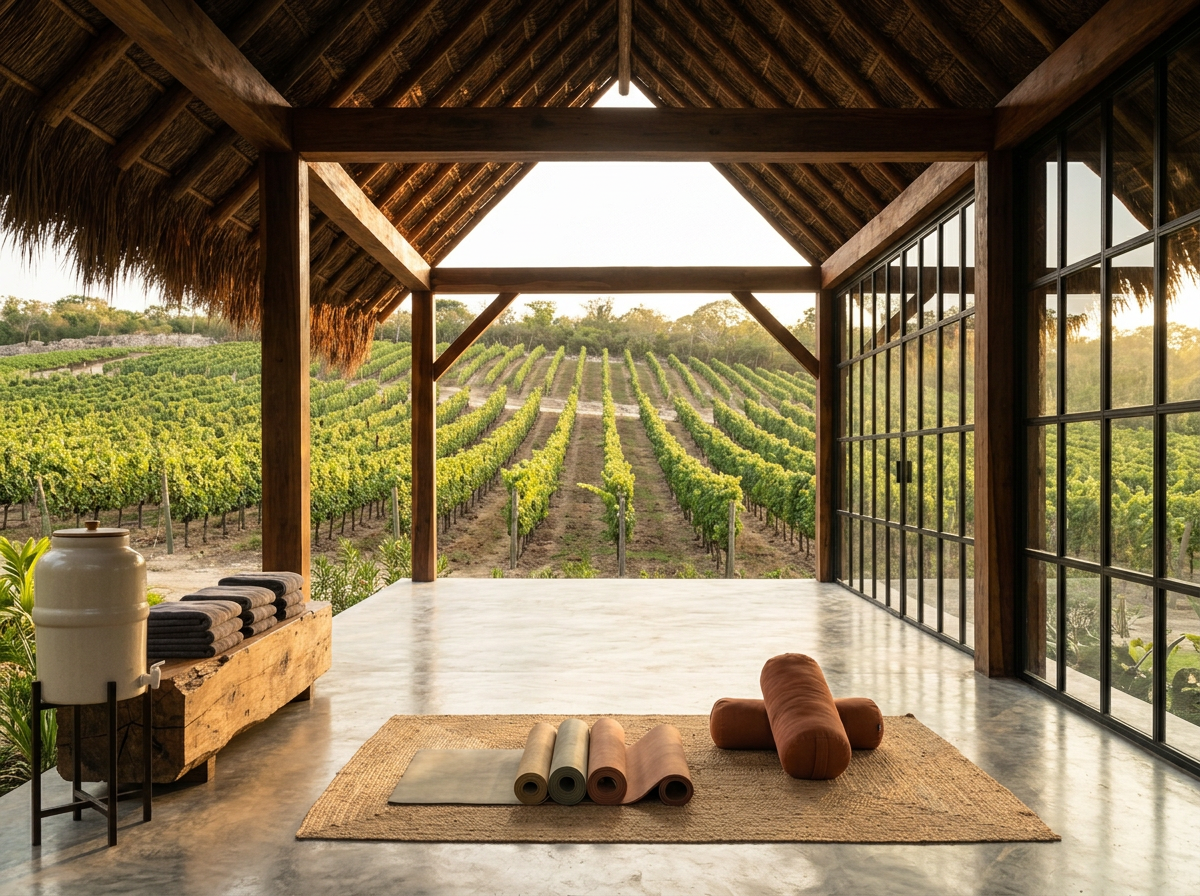 Yoga studio with mats and a bolster on a woven rug facing a vineyard outside, with large glass doors and wooden beams.