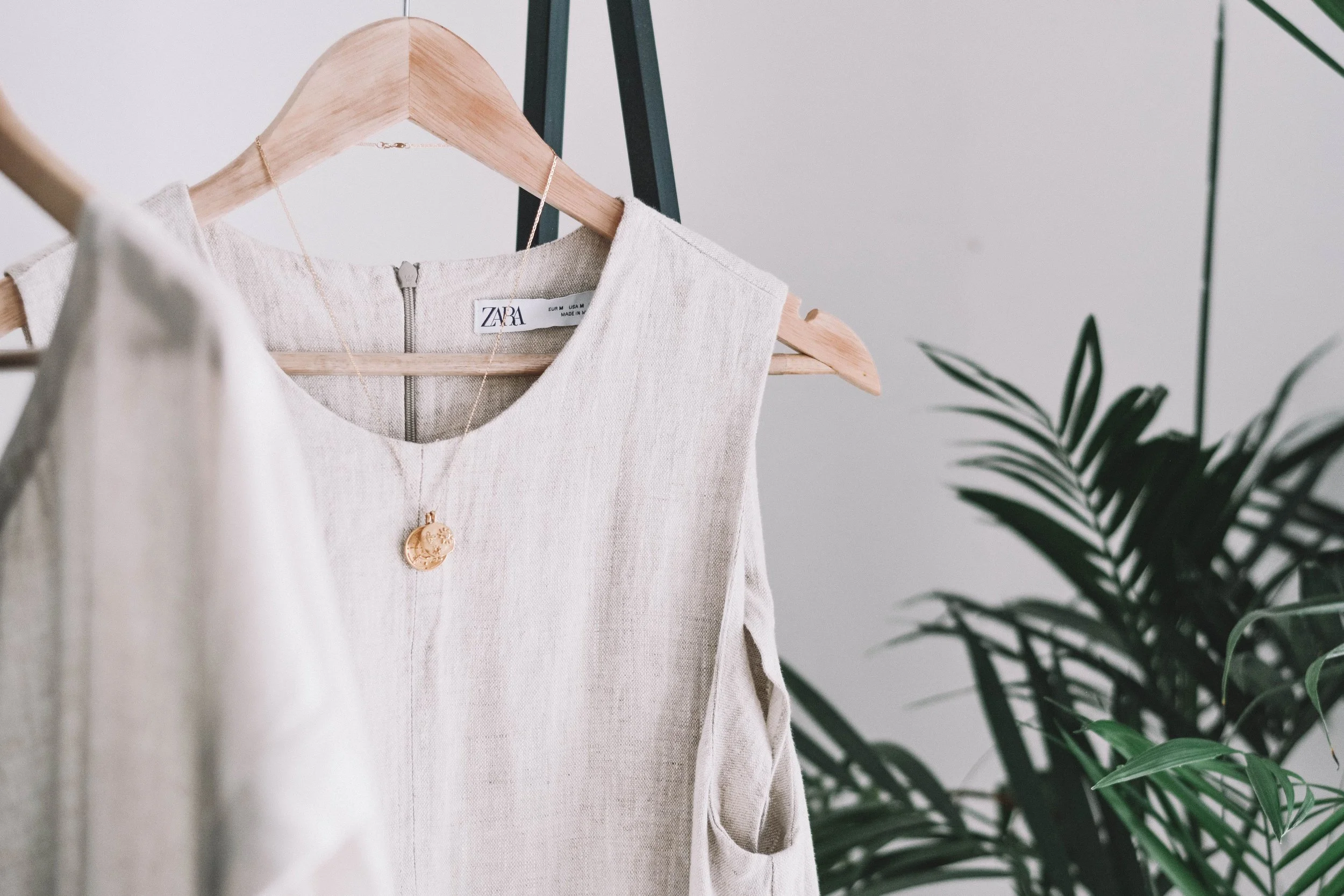 A cream-colored linen sleeveless top hanging on a wooden hanger, adorned with a gold pendant necklace, next to a green leafy plant against a plain white wall.