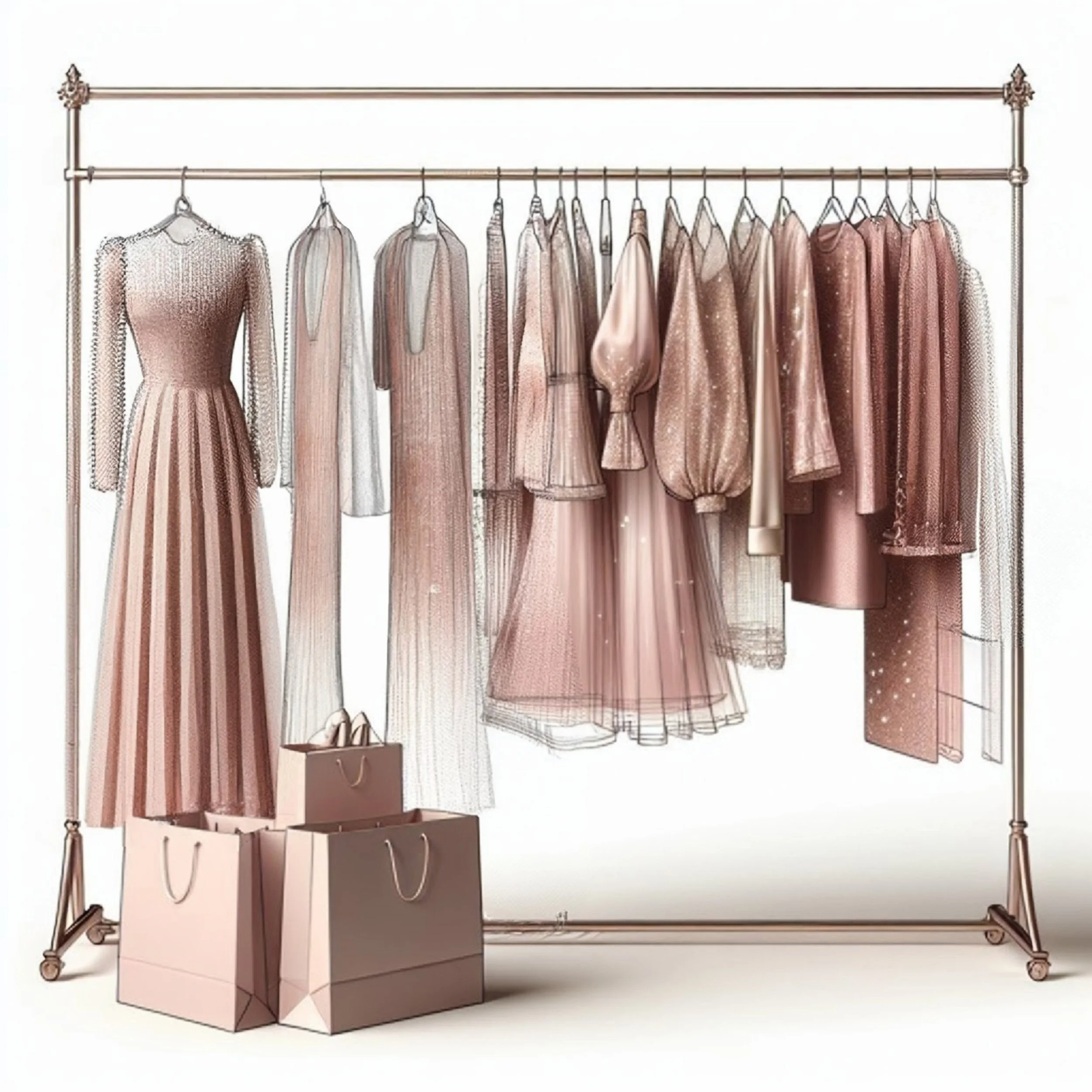 A clothing rack displaying various dresses and garments in shades of pink and beige, with a pink shopping bag placed on a stand in front of it.