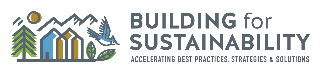 Building for Sustainability logo with stylized sustainable buildings, evergreen trees, sun, bird, and leaves
