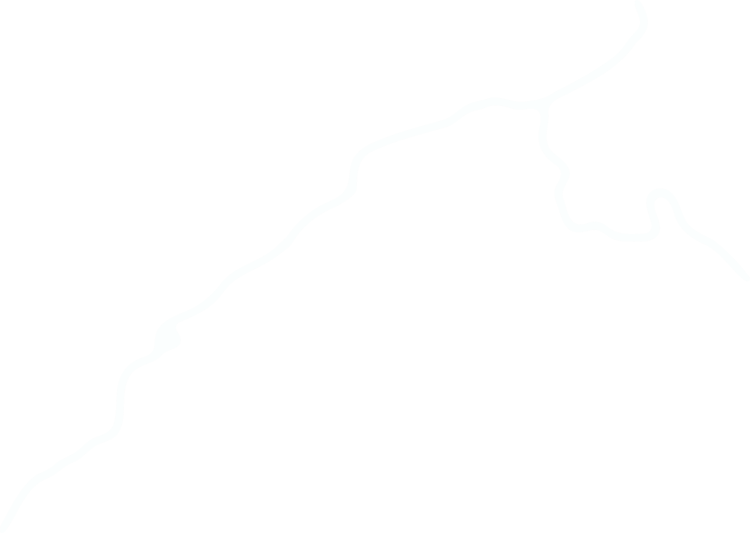 A map with a black background and light blue winding lines representing waterways or roads.