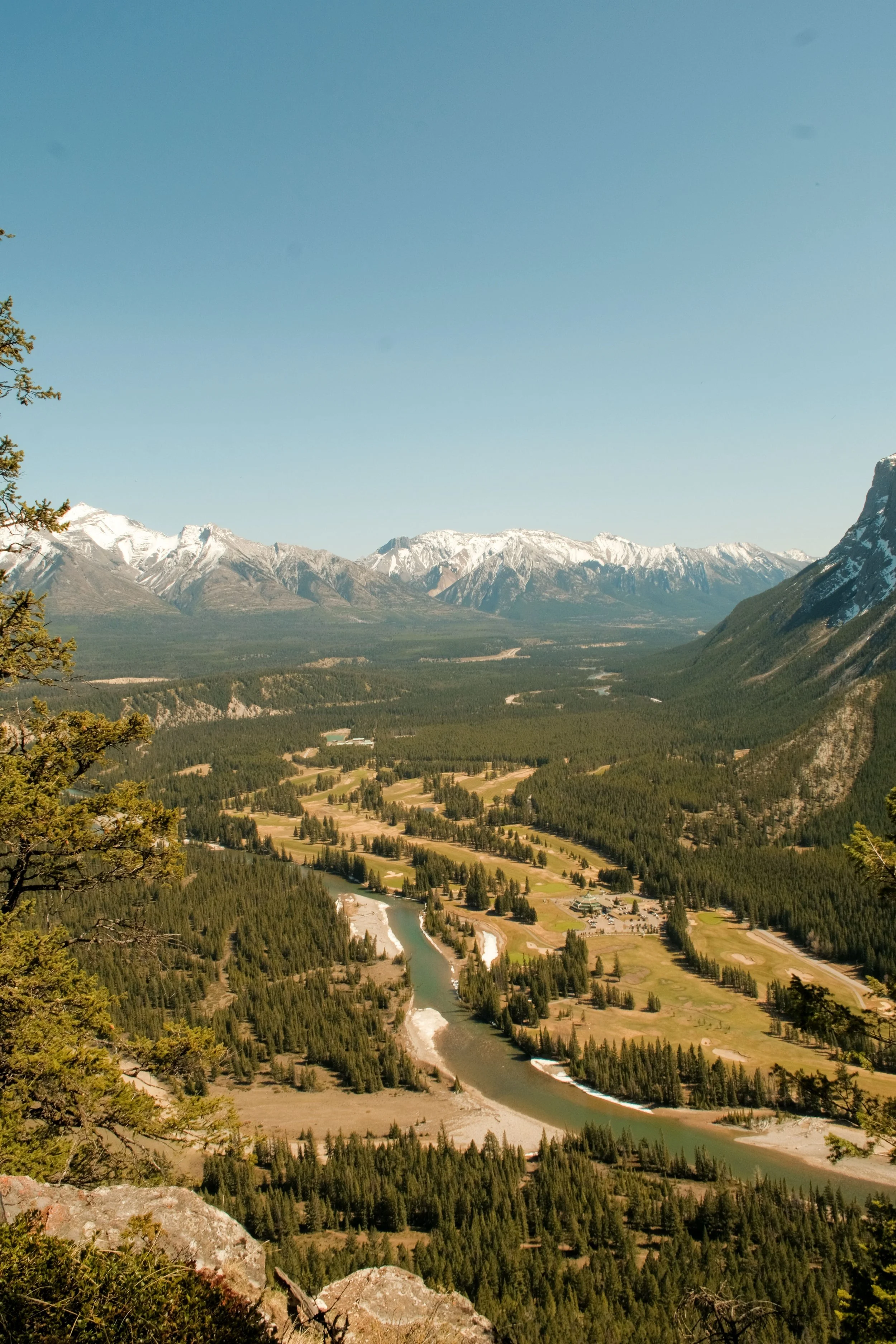 Mountain landscape with snow-capped peaks, green forests, winding river, and clear blue sky in the background.