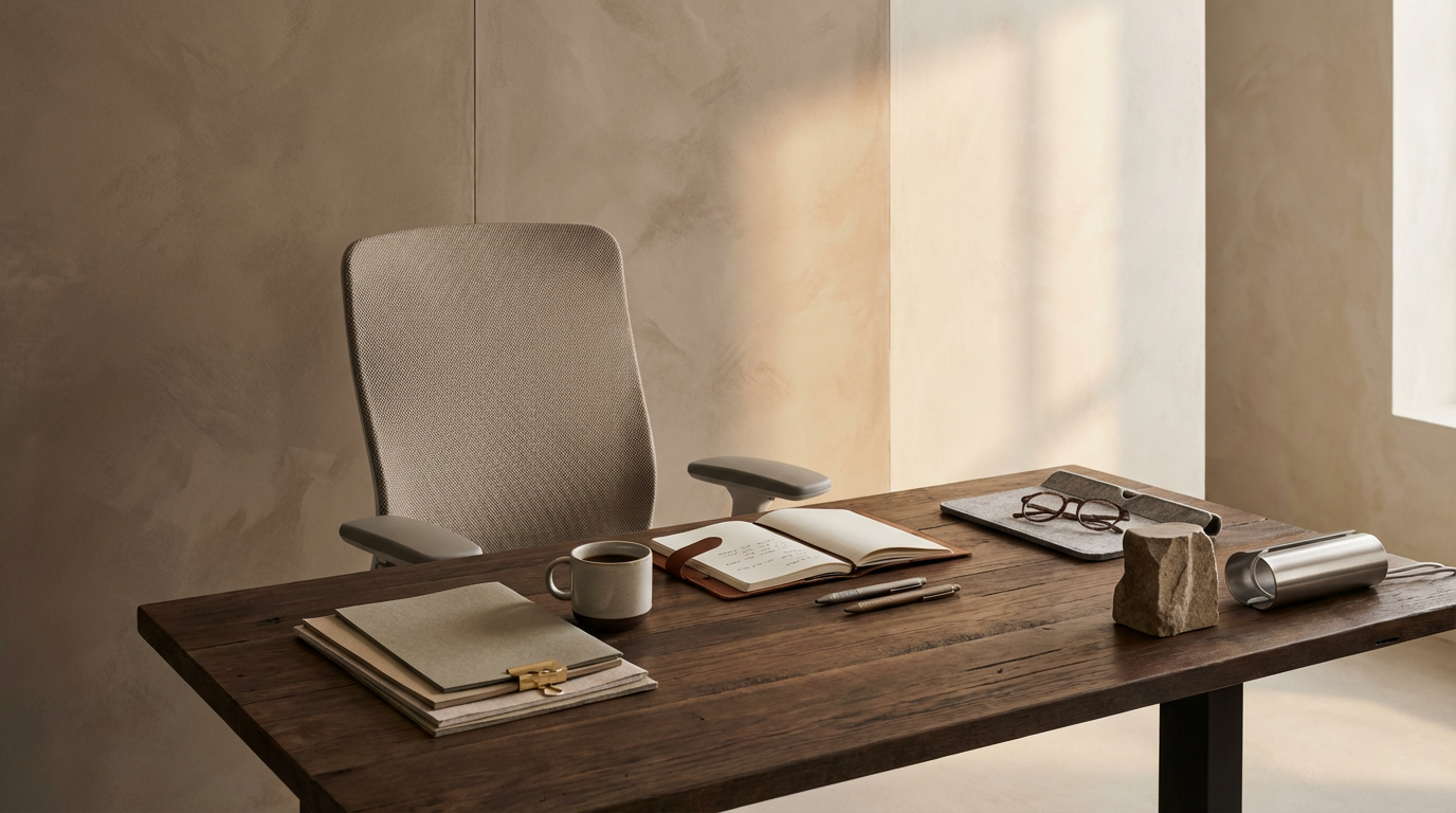 A wooden desk with a beige, ergonomic office chair. The desk has a coffee mug, notebooks, pens, a pair of glasses, a stone, a cylindrical lamp, and some documents on it, with living room lighting and a window in the background.