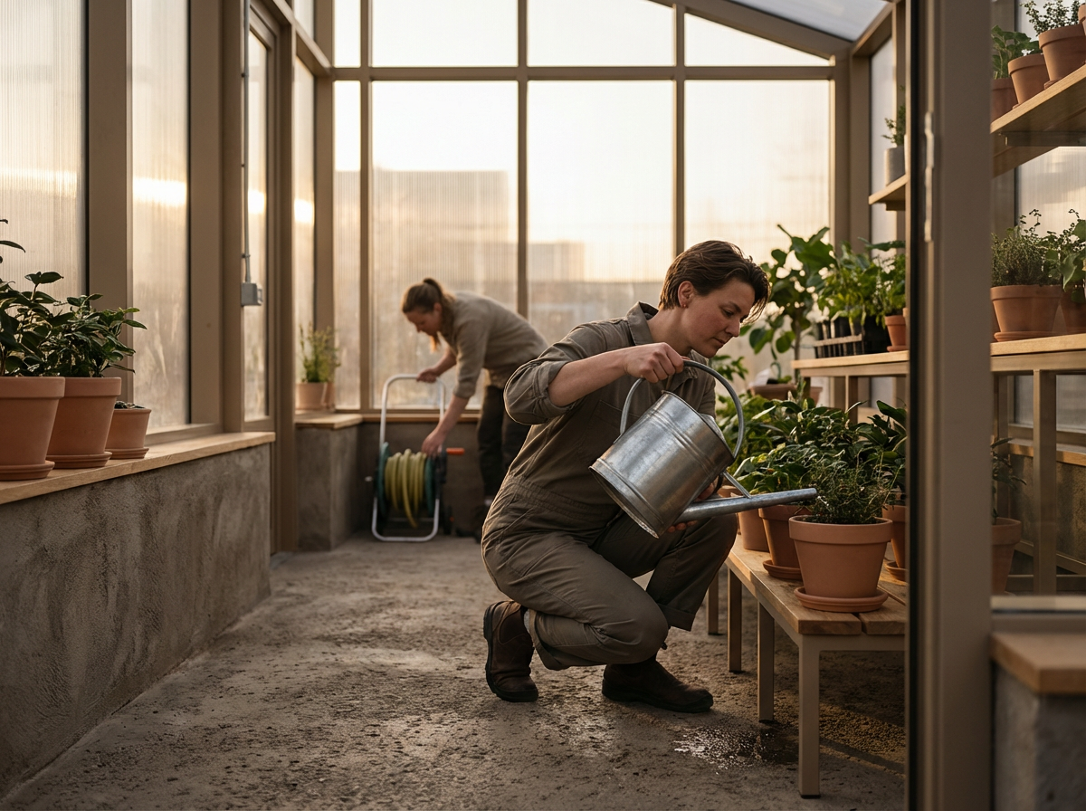 Two women watering and tending to potted plants inside a greenhouse with large windows letting in sunlight.