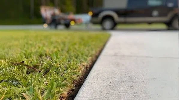 Close-up of freshly trimmed grass and edge of concrete sidewalk, with outdoor vehicles blurred in background.