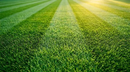 A well-maintained grassy field with sunlight shining on it.