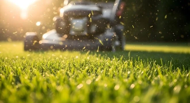 Close-up of green grass with a blurred riding lawn mower in the background during sunset.