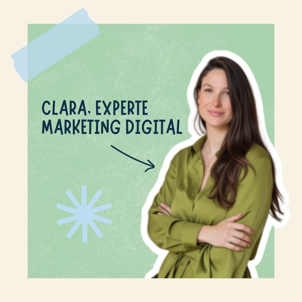 Portrait d'une femme souriante avec les bras croisés, portant une chemise verte, sur un fond vert avec texte mentionnant "Clara, experte marketing digital".
