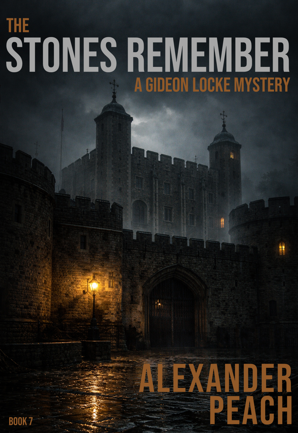 Dark, cloudy night view of a medieval castle with stone walls, towers with battlements, and lit windows, with a cobblestone forecourt illuminated by a streetlamp.