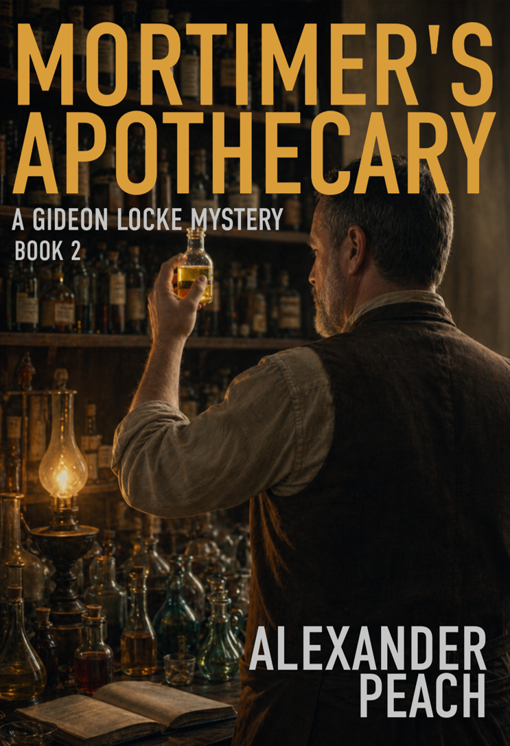 A man with a beard and vintage clothing holding a small bottle of yellow liquid in a dimly lit apothecary filled with glass bottles and an oil lamp.