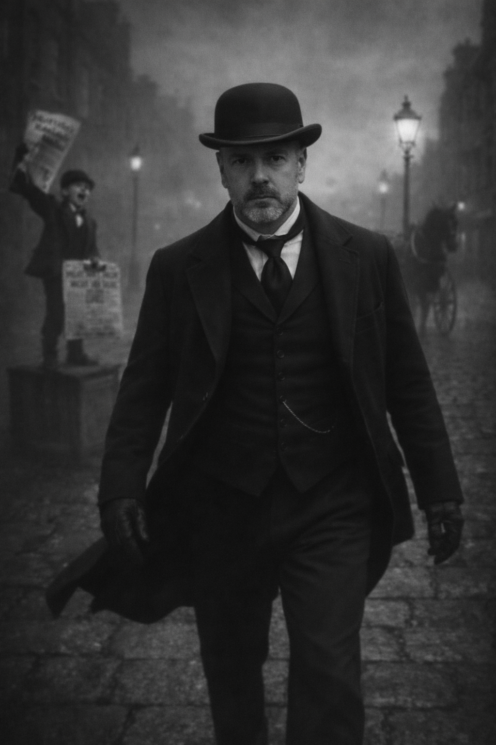 A black-and-white photograph of a man in vintage clothing walking down a foggy street at night. He is wearing a bowler hat, a long coat, gloves, and has a serious expression. In the background, there is a child holding a newspaper and raising a fist, a lamppost, a cyclist, and indistinct buildings and figures in the fog.