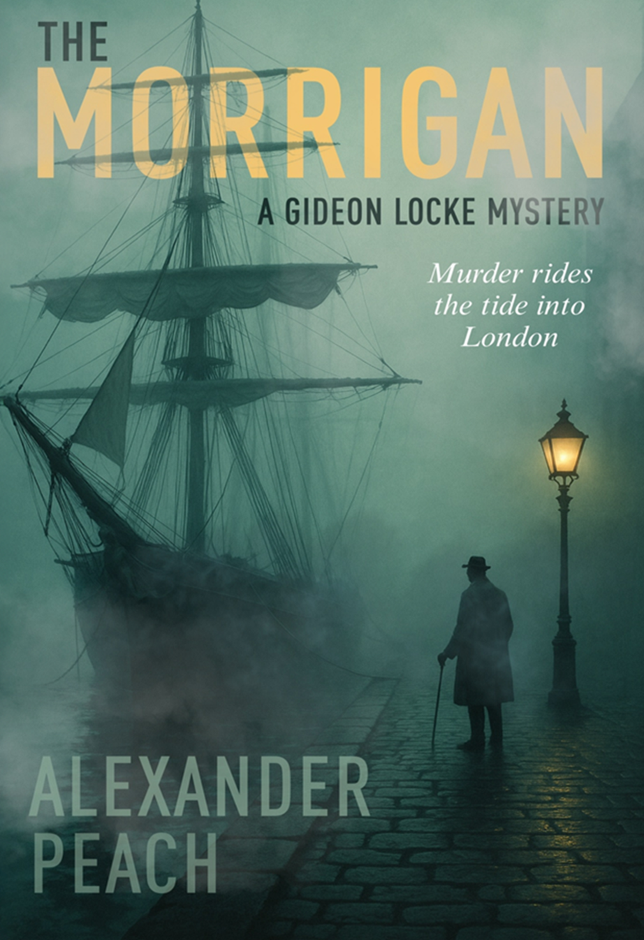 Book cover for 'The Morrigan' by Alexander Peach, featuring a foggy London street scene with a large sailing ship in the background, a streetlamp, and a man in a coat and hat holding a cane.
