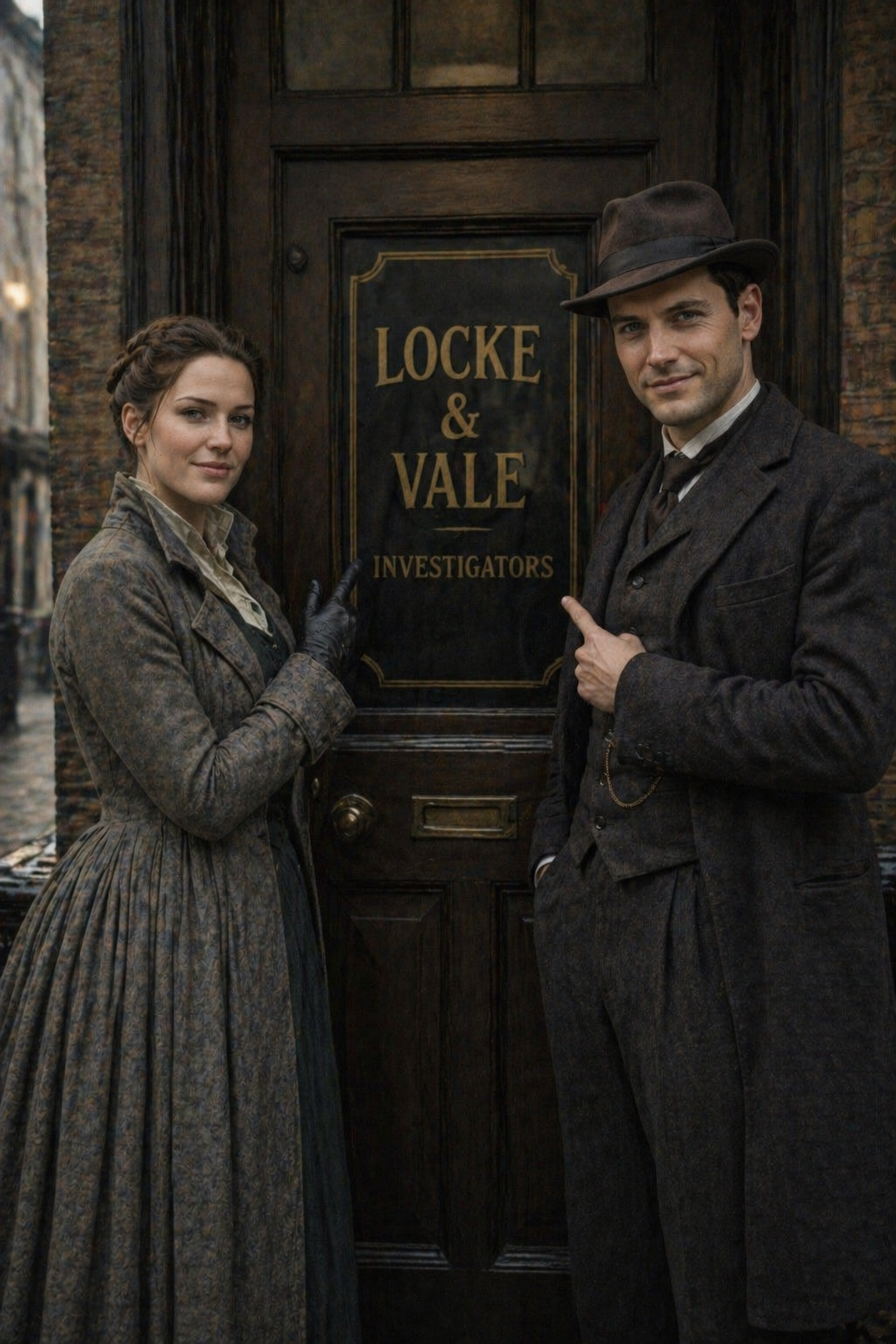 A woman and a man dressed in Victorian-era clothing standing in front of a sign that reads 'LOCKE & VALE INVESTIGATORS'. The woman is pointing at the sign with her gloved hand, and the man is pointing at it with his finger. They are outside, with brick buildings in the background.