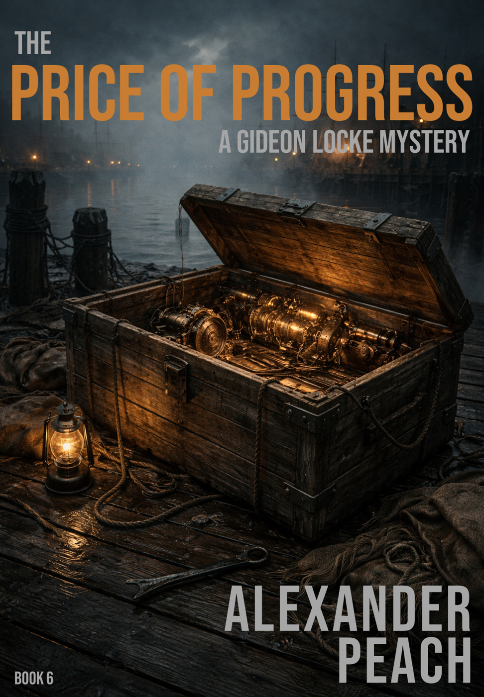 Book cover with a wooden chest open to reveal mechanical gears inside, set on a dock with lanterns and ropes, titled 'The Price of Progress' by Alexander Peach, part of the Gideon Locke mystery series.