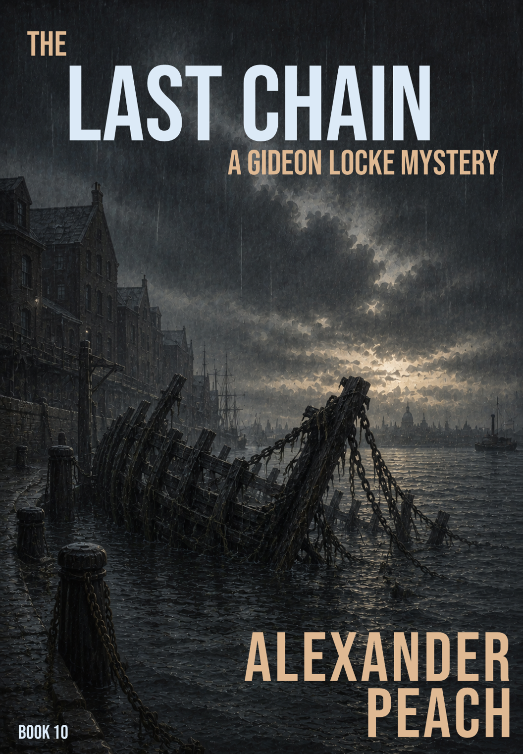 A dark and stormy harbor scene with a sinking shipwreck, chains, and old buildings under a gloomy sky, with the title 'The Last Chain' and author 'Alexander Peach' displayed on the cover.