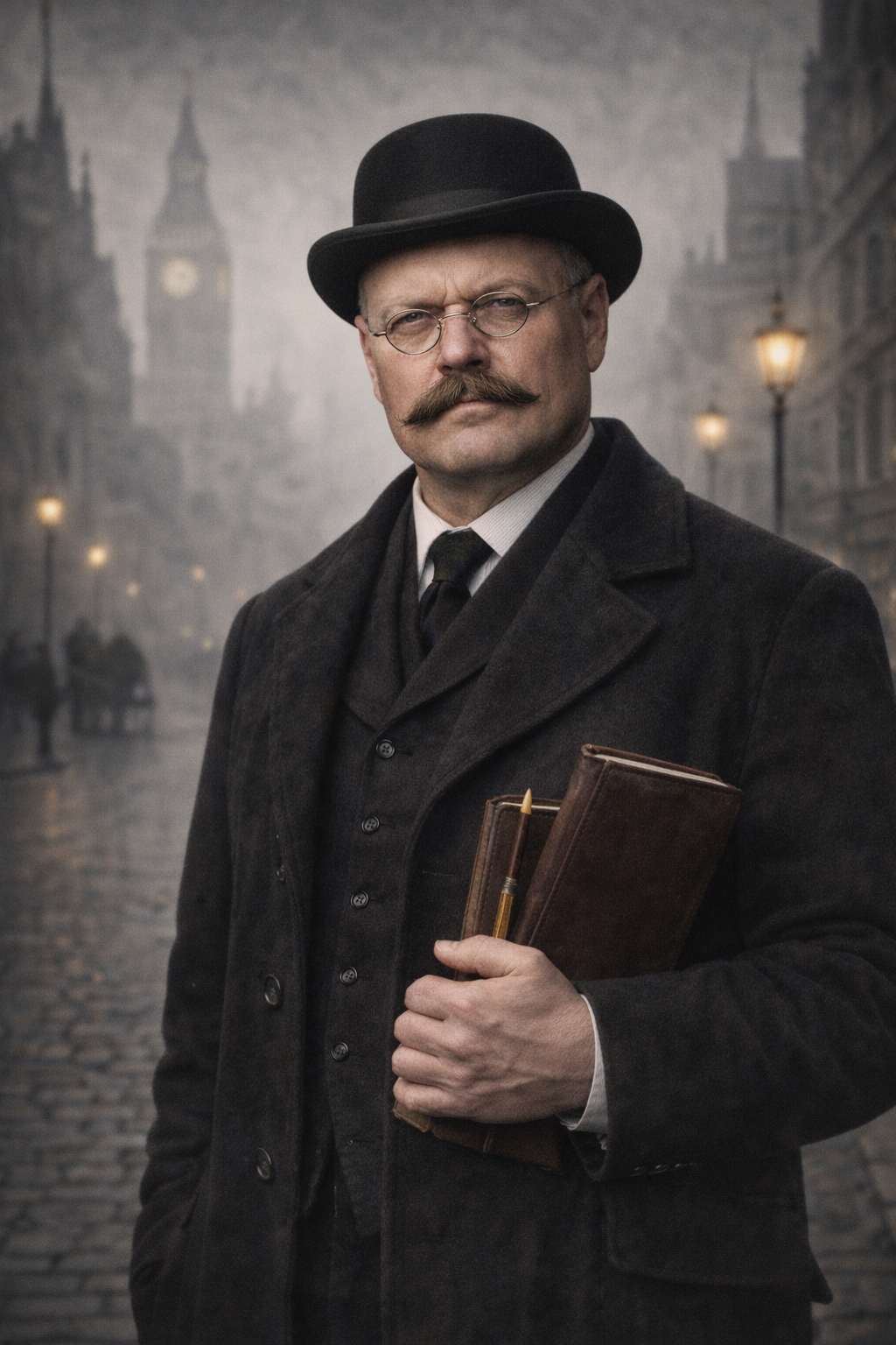 A man with glasses, a mustache, and a beard, wearing a vintage dark suit and coat, holding a leather-bound book and a fountain pen, standing on a foggy cobblestone street in front of Big Ben in London during early evening.
