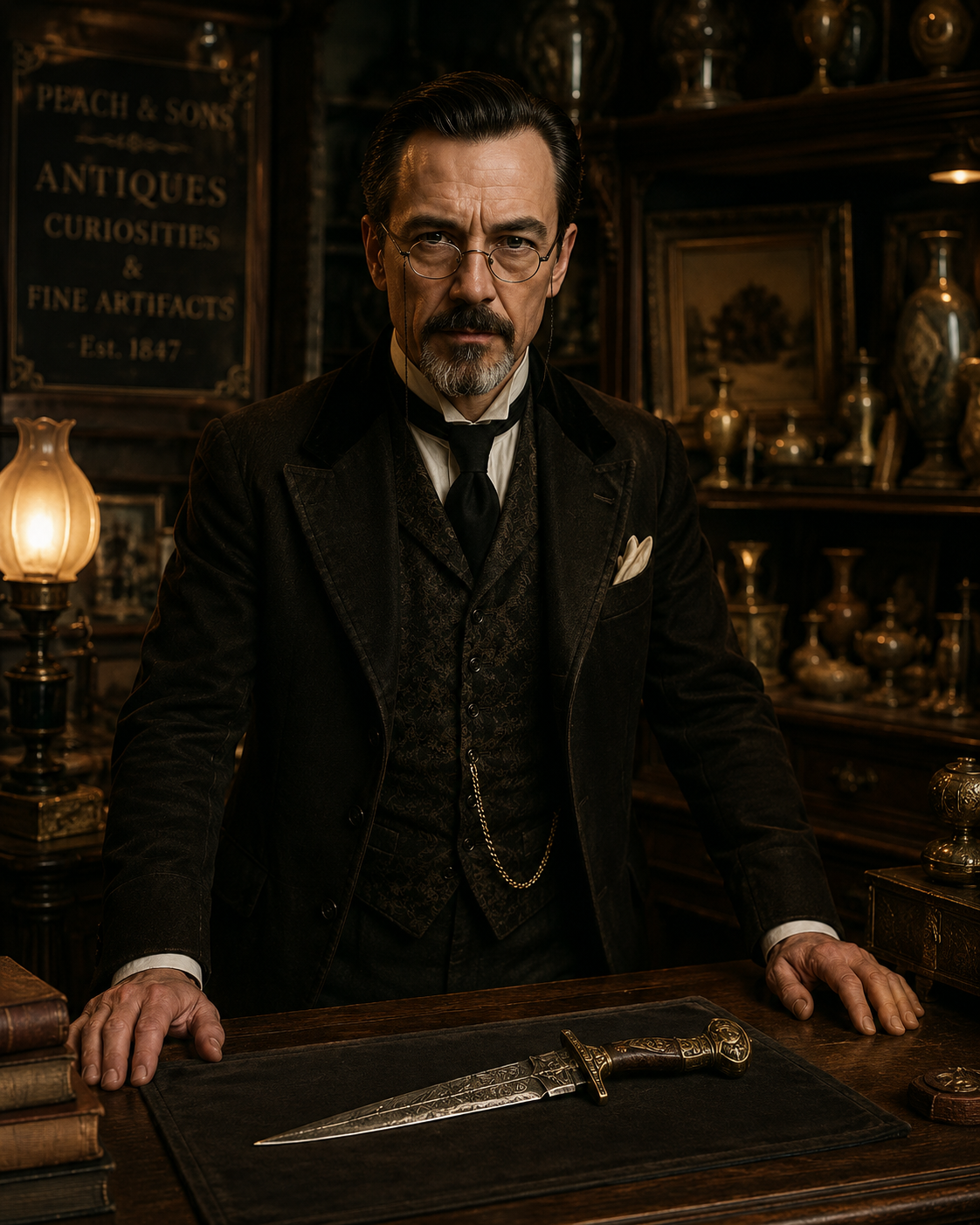 A man dressed in vintage, Victorian-style clothing with a serious expression, standing behind a wooden desk with an ornate dagger, in an antique shop filled with vases, paintings, and other artifacts.
