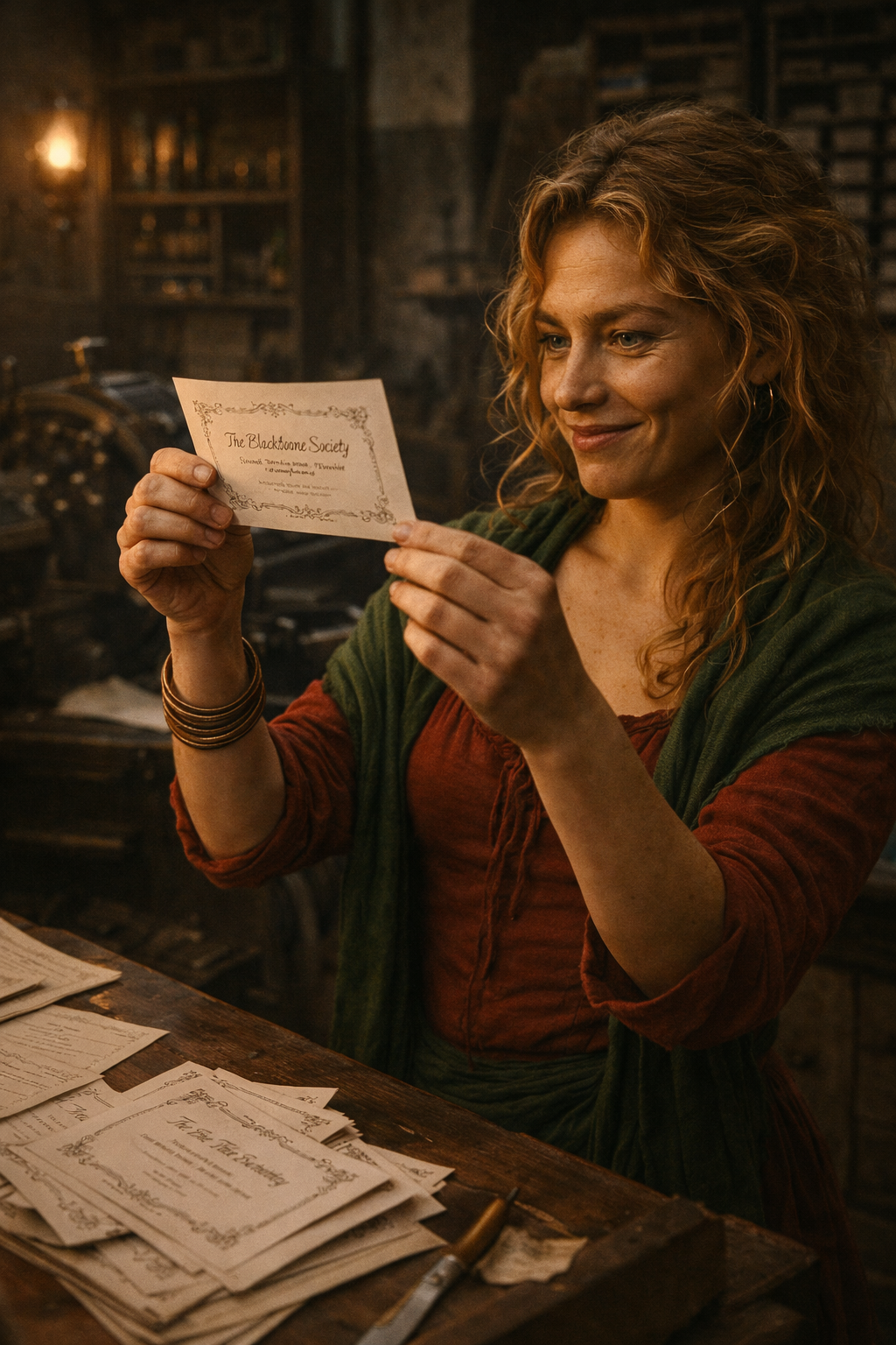 A woman with curly red hair in a vintage setting, looking at a printed invitation for The Blackstone Society, with more papers on the table and old furniture in the background.