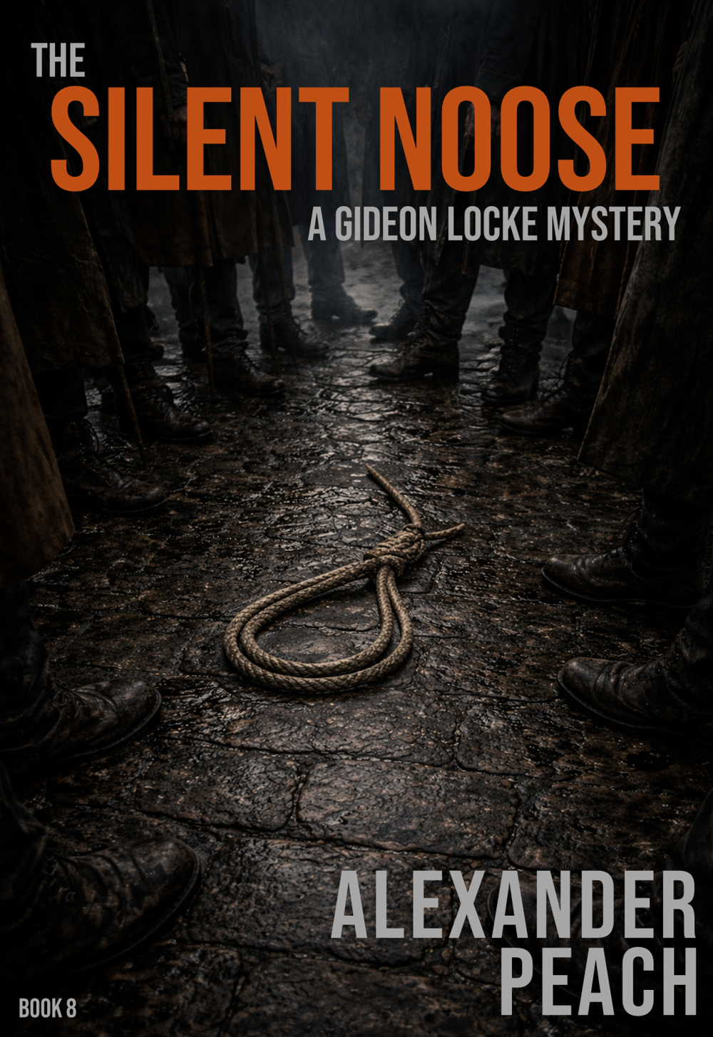 Book cover titled 'The Silent Noose: A Gideon Locke Mystery' by Alexander Peach, showing a dark, rainy street with a coiled noose on the wet cobblestones, surrounded by soldiers or officers in dark boots and coats.