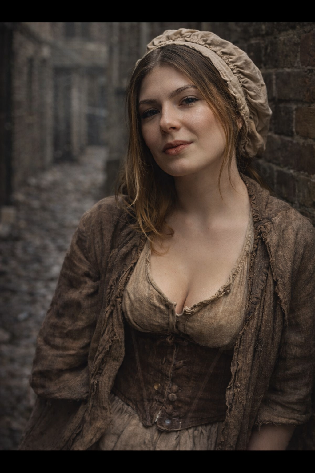 A woman in historical clothing standing in a narrow alleyway, leaning against a brick wall, wearing a beige bonnet and a brown dress.