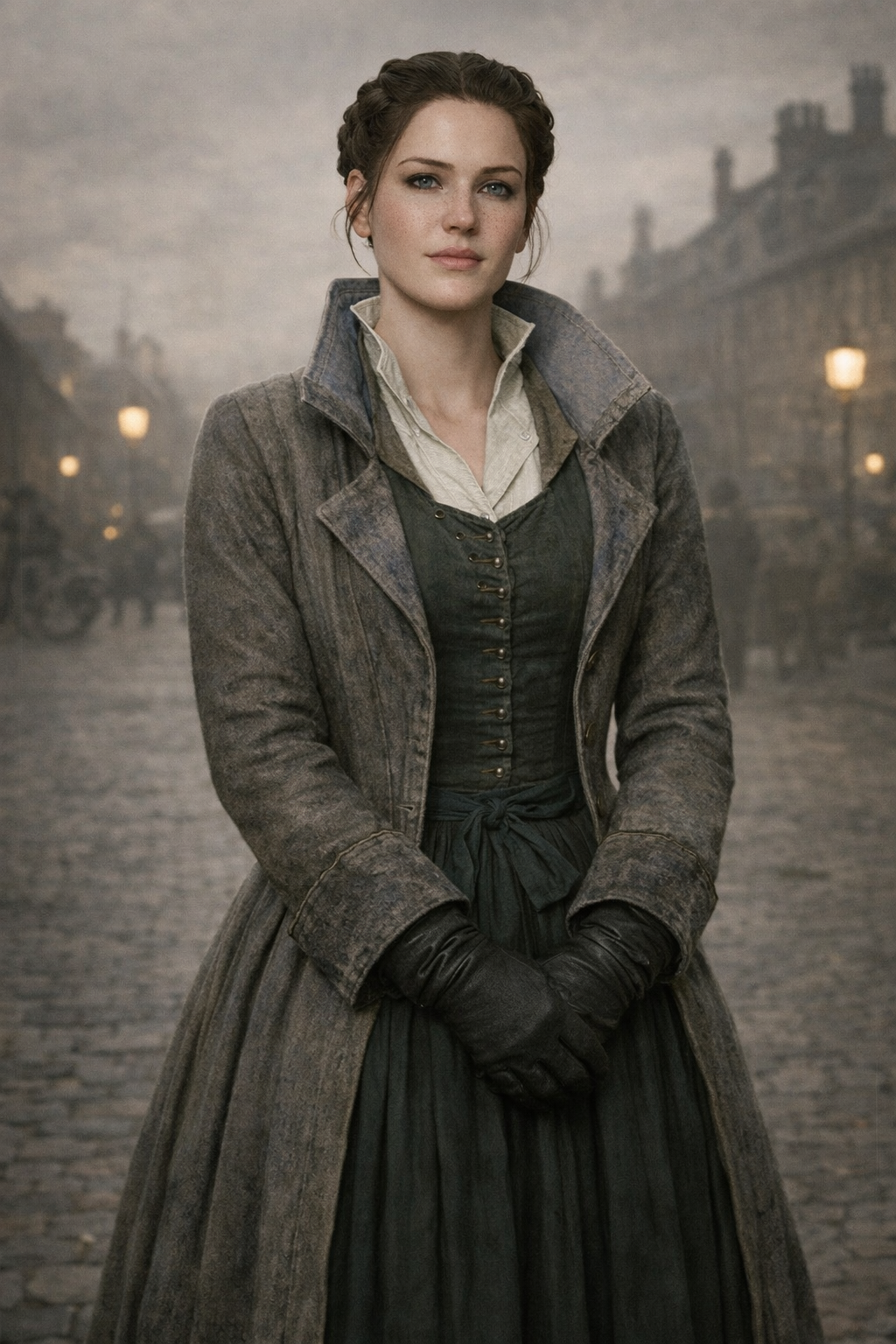 A woman dressed in historical clothing standing on a cobblestone street with old buildings in the background, under foggy weather.