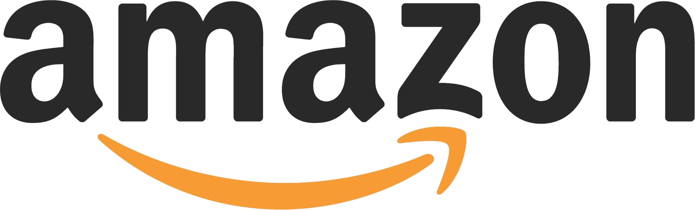 Amazon logo with black text and orange arrow underneath.