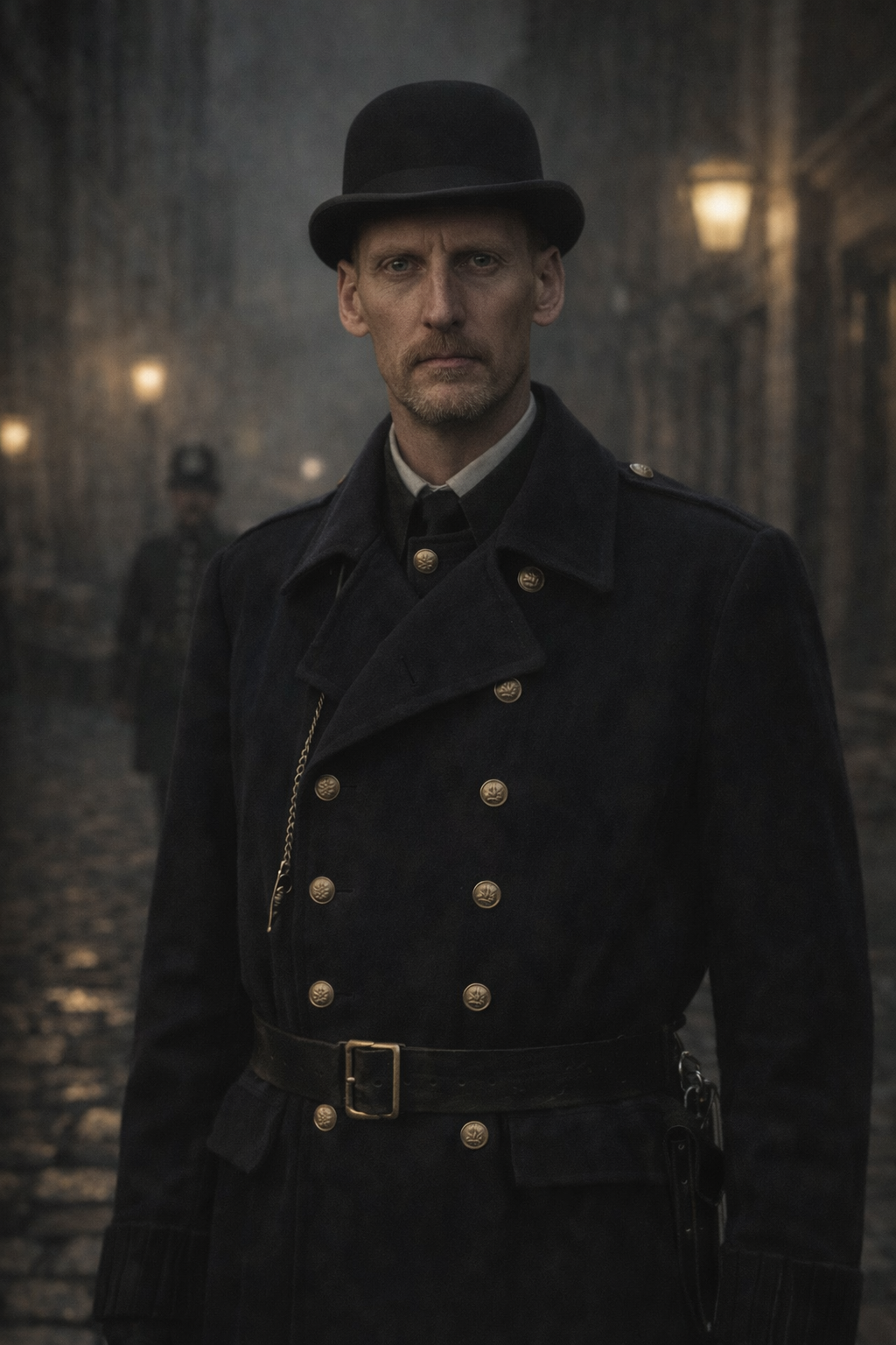 A man dressed in a historical military uniform standing on a cobblestone street at night in a dimly lit area.