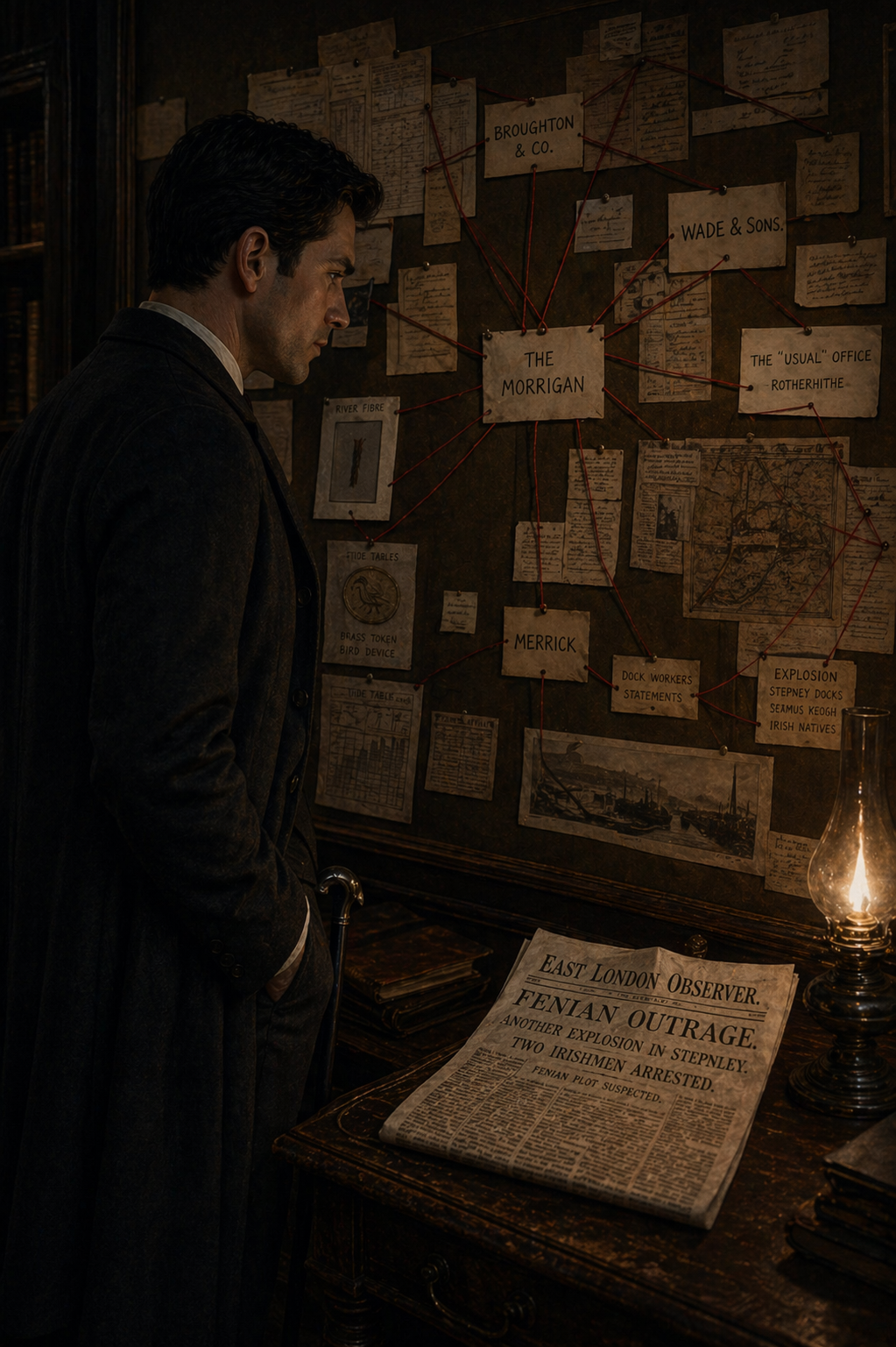 A man in period clothing standing and looking at a bulletin board filled with old notes, maps, and photos related to a historical investigation or conspiracy.