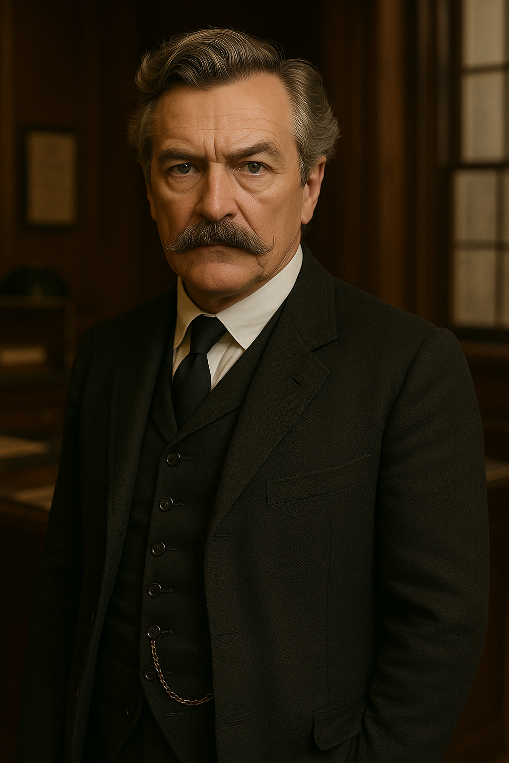 An older man with a mustache and slicked-back hair, dressed in a black suit, white shirt, and black tie, standing in a dimly lit room with wooden furniture and large windows.