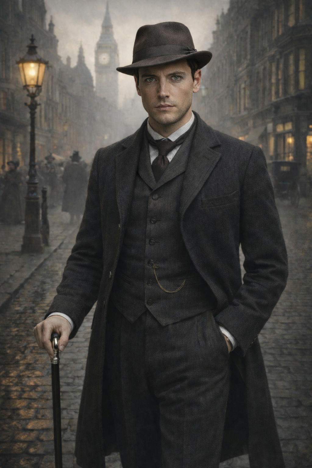 A young man in vintage 19th-century attire, including a suit, vest, and overcoat, standing on a cobblestone street with historical buildings and Big Ben in the background.