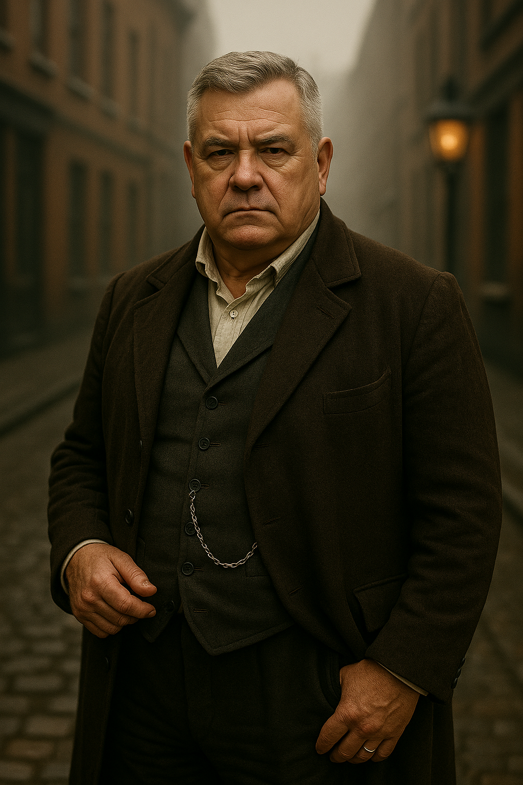 A stern-looking middle-aged man with short gray hair, wearing a dark brown coat over a beige shirt and gray vest, standing on a cobblestone street with a foggy background and old buildings, holding a gun in his right hand.