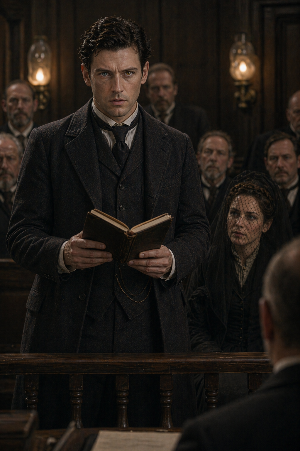 A man dressed in 19th-century clothing stands in a courtroom, holding an open book, with a serious expression. Behind him, a woman wearing a black dress and a veil, and several men, are seated or standing, observing the scene.