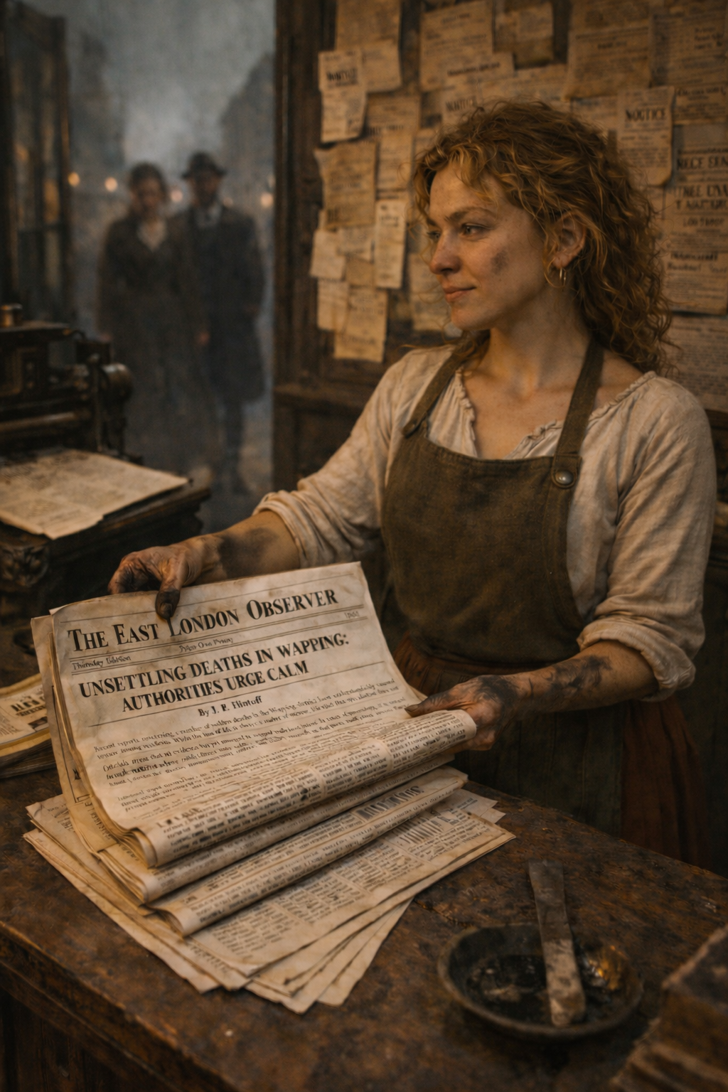 A young woman with curly red hair, dressed in a worn beige shirt and brown apron, stands behind a cluttered wooden counter in a historical setting. She holds an old newspaper titled 'The East London Observer,' with headlines about deaths in Wapping. The background shows a wall covered with notices and two blurred figures in period clothing.
