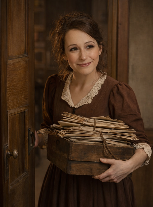 A woman in a vintage brown dress holding a wooden box filled with files or papers, standing in a doorway.
