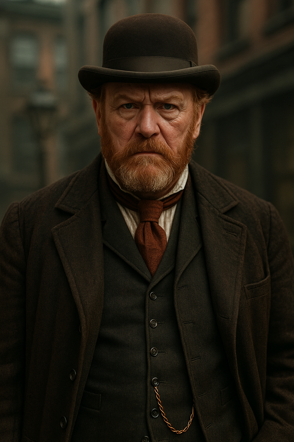 A serious man with a red beard and mustache, wearing a brown bowler hat, brown coat, waistcoat, white shirt, and a red tie, standing outdoors in a city street.