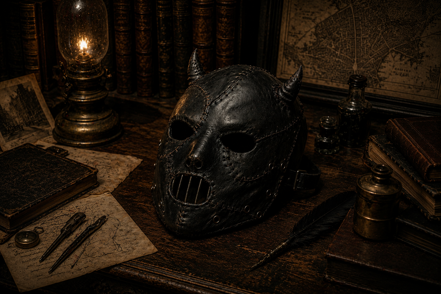 A sinister leather mask with horns, piercing holes, and a zipper mouth on a dark wooden desk surrounded by old books, vintage bottles, a quill, ink, a pocket watch, and papers in a dimly lit, antique setting.
