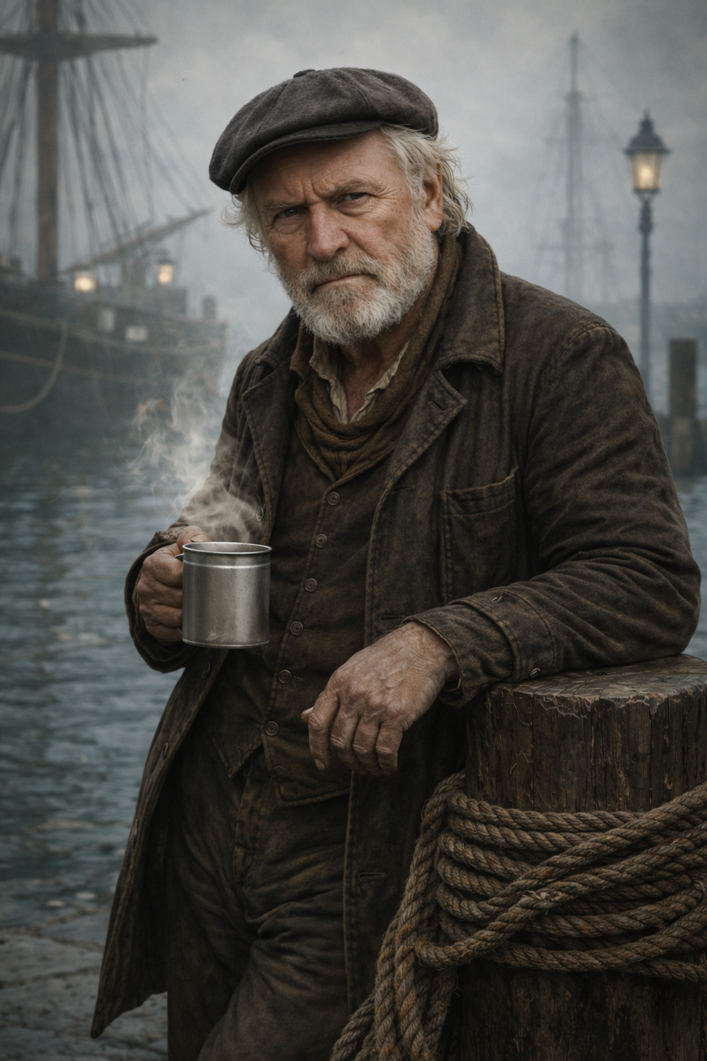 An older man with a beard and gray hair, wearing vintage clothing and a flat cap, holding a steaming mug of coffee. He is leaning against a wooden post wrapped with thick rope, near the water with ships and a lamppost in the background, evoking a historical or nautical setting.