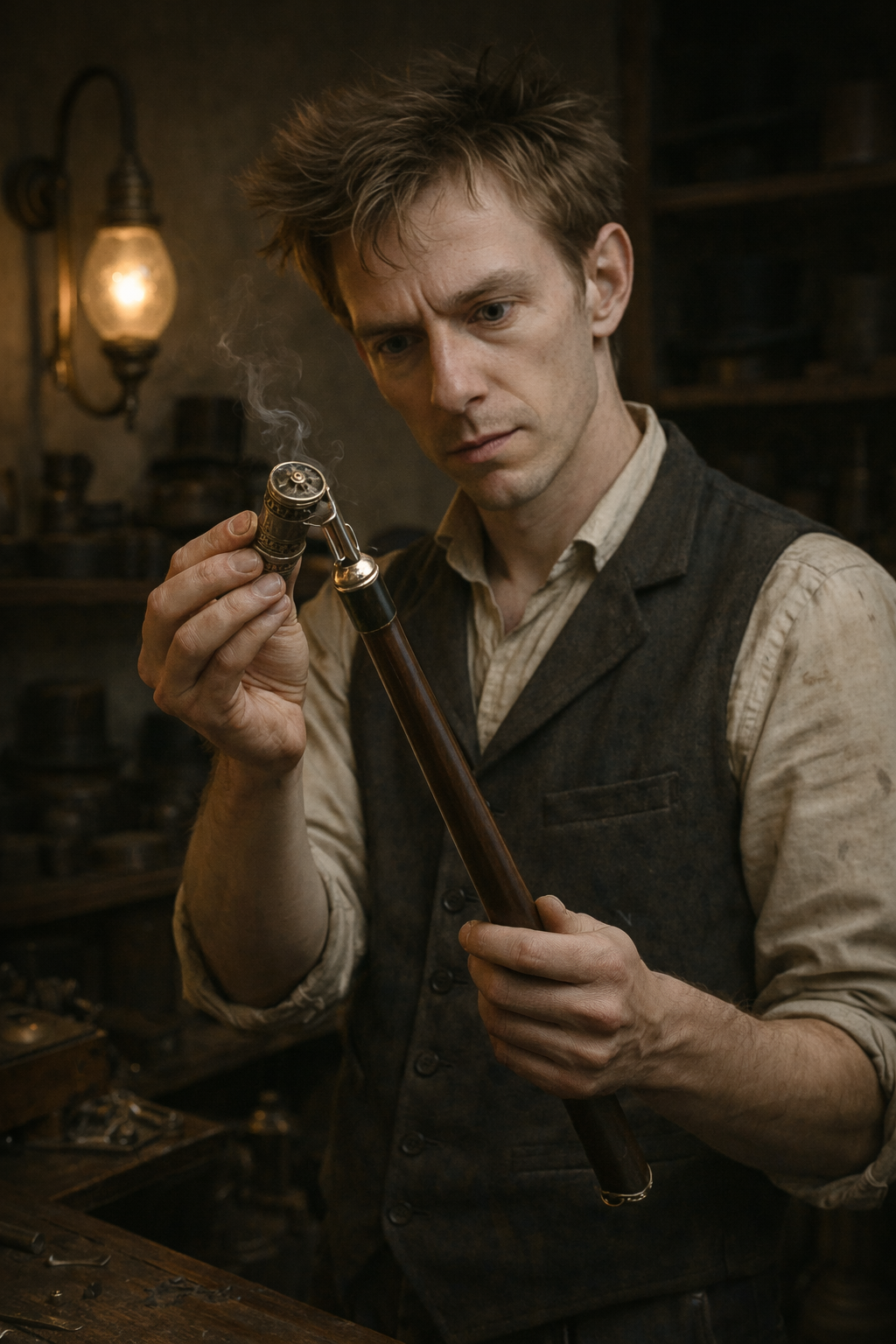A man with disheveled hair and vintage clothing inspects a small, steampunk-style device emitting a wisp of smoke in a dimly lit workshop filled with old tools and machinery.