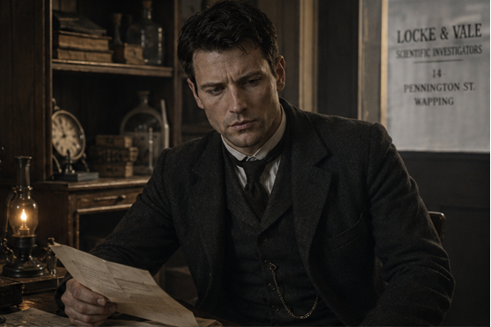 A man dressed in vintage clothing, sitting at a desk in a dimly lit office or study, intently reading a letter or document.