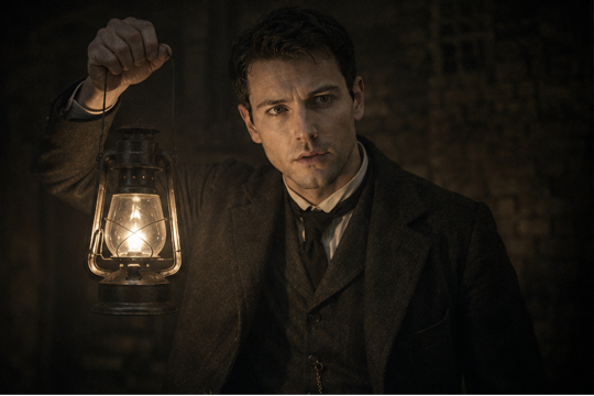 A man holding an oil lantern in a dark, possibly historical setting with a serious expression.