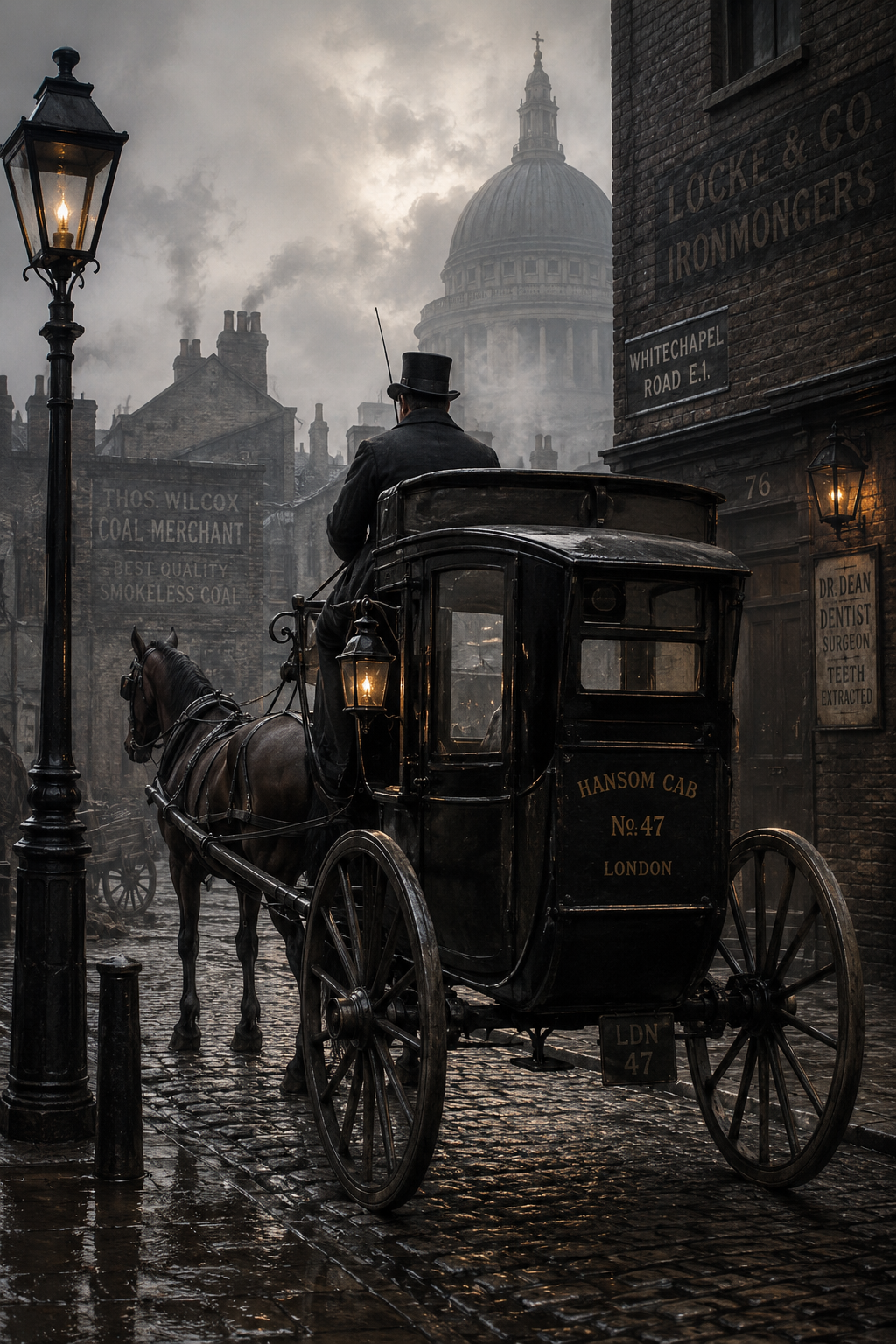 A vintage horse-drawn hansom cab on a cobblestone street in London with a man in period attire driving, set against a backdrop of historic buildings and St. Paul's Cathedral, during a misty, overcast day with street lamps illuminated.