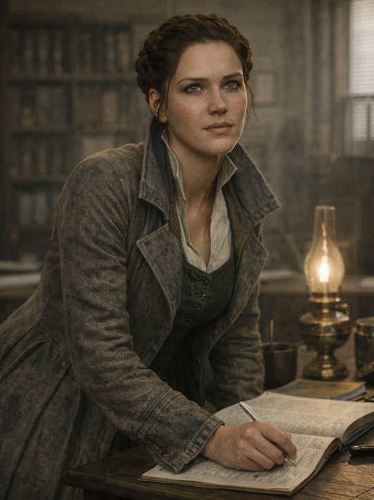 A woman with braided hair and a serious expression, wearing a old-fashioned brown coat, leaning over and writing in a book on a wooden table in a dimly lit room with a lantern.