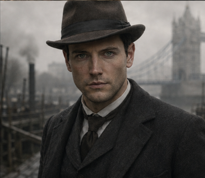A man wearing a fedora hat and a dark overcoat, standing outdoors with a bridge and cityscape in the background.