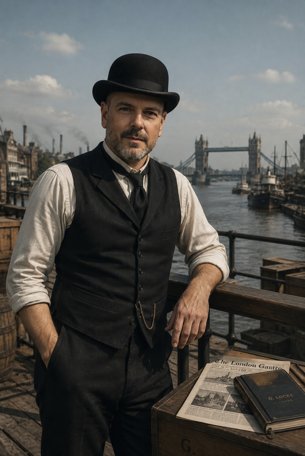 Man dressed in Victorian-era clothing leaning on a railing near the River Thames, with Tower Bridge in the background, holding a newspaper and a book.
